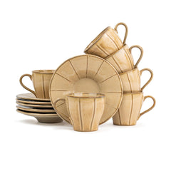 Ceramic Line Cup & Saucer Set Of 6 - Beige, 180ml Each | Cup Saucer Set - 6 Cups + 6 Saucers | Glossy Finish Tea Set - Ceramic Tea Cup & Saucer Set
