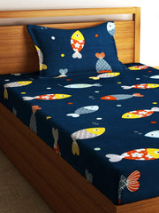 Single Bedsheet With One Matching Pillow Cover - 55 X 90 Inches, Navy Blue | Microfiber Kids Fishes Bedsheet | Normal Hand Wash Or Machine Wash