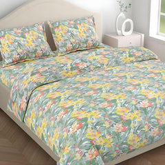 Flat Bedsheet Queen Size Bed With 2 Pillow Covers - 100 X 90 Inches, Green & Yellow | Soft, Breathable & Durable | Skin-Friendly & Durable
