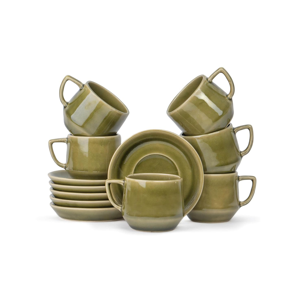 Ceramic Oblique Cup & Saucer Set Of 6 - Mehndi Green, 200ml Each Cup | Cup Saucer Set - 6 Cups + 6 Saucers | Glossy Finish Tea Set - Ceramic Tea Cup & Saucer Set