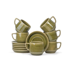 Ceramic Oblique Cup & Saucer Set Of 6 - Mehndi Green, 200ml Each Cup | Cup Saucer Set - 6 Cups + 6 Saucers | Glossy Finish Tea Set - Ceramic Tea Cup & Saucer Set