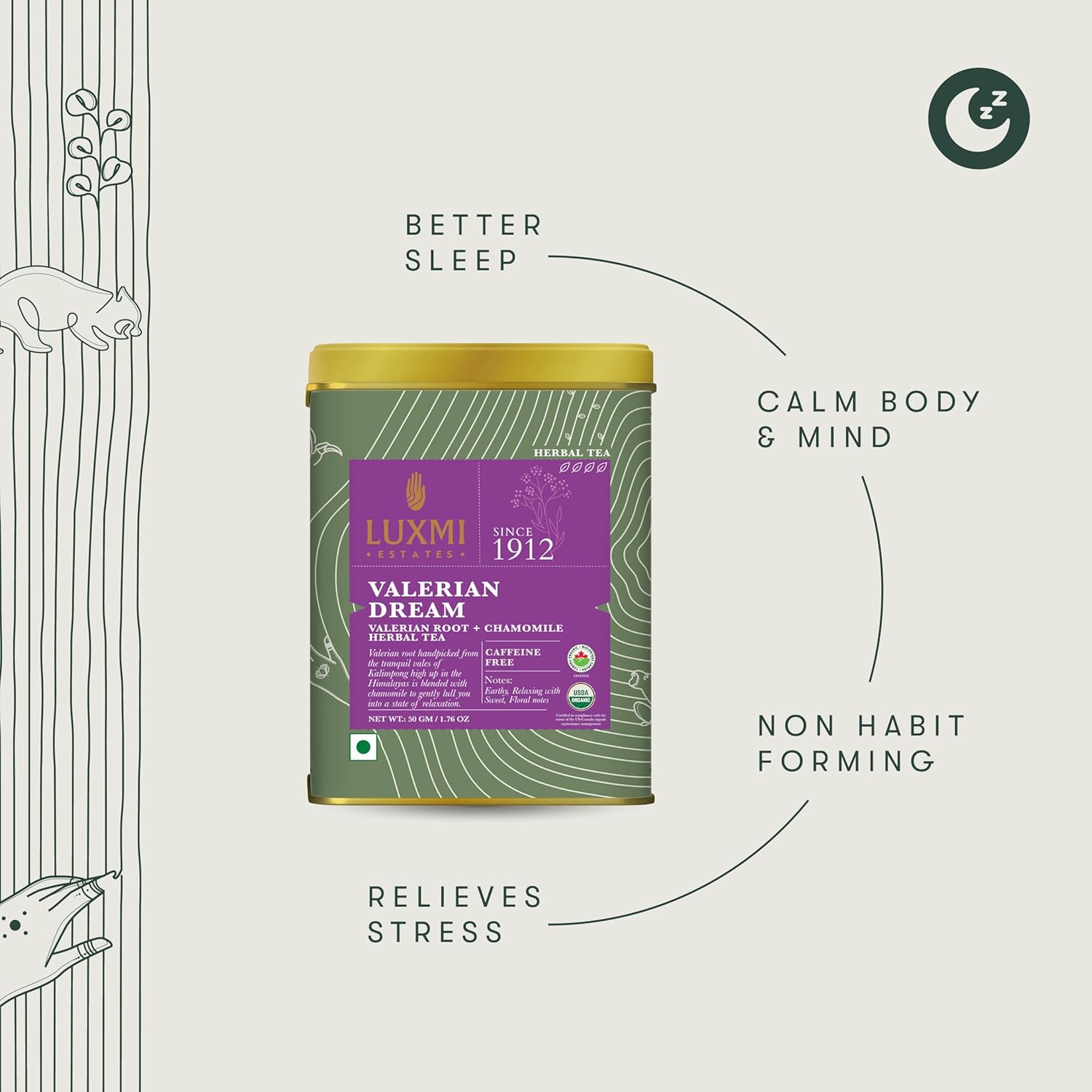 Luxmi Estates Valerian Dream Herbal Tea - 50gm, 1.7 Ounce, 25 Cups | USDA Certified Organic Valerian Root + Chamomile Herbal Tea - Gluten Free, Caffeine Free Tea Bags Luxmi Estates Valerian Dream Herbal Tea - 50gm, 1.7 Ounce, 25 Cups | USDA Certified Organic Valerian Root + Chamomile Herbal Tea - Gluten Free, Caffeine Free Tea Bags