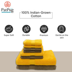 Patpug 100% Indian Cotton Plush Towel Set 2000 Gsm | Highly Absorbent, Fade Resistant, Quick Drying 2 Bath, 2 Hand & 4 Face Towel (Sepia Brown & Sunrise Yellow) - 8 Piece