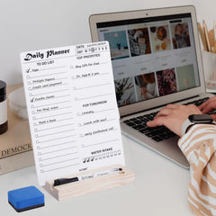 To Do List Planner, Acrylic Daily Planner Dry Erase Board, With Wooden Base, 1 Marker & Duster