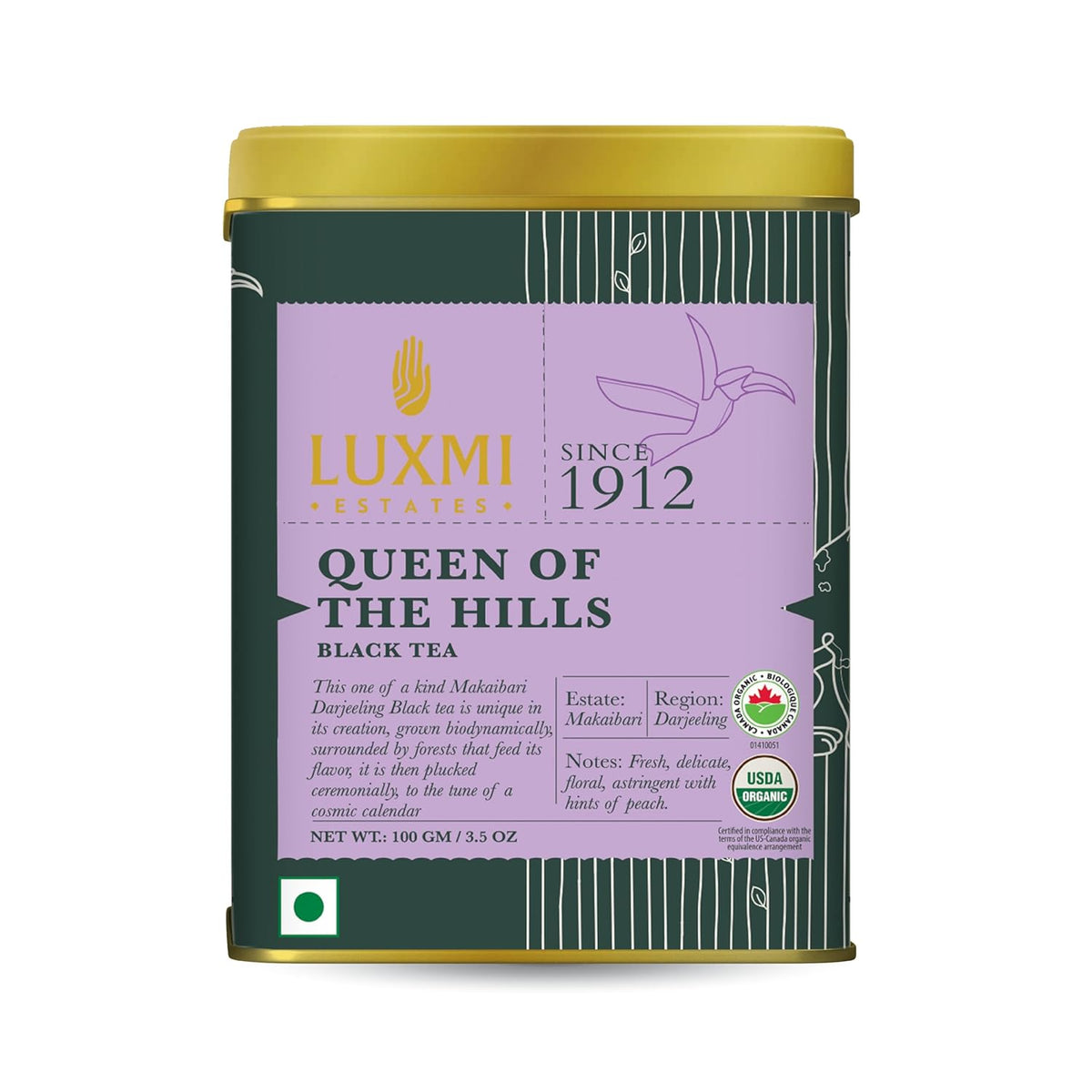 Luxmi Estates Queen Of The Hills Black Tea 100gm Tin, 3.5 Ounce - 50 Cups | Certified Organic Black Tea - 100% Biodegradable & Plastic Free | No Additives, High Caffeine Black Tea