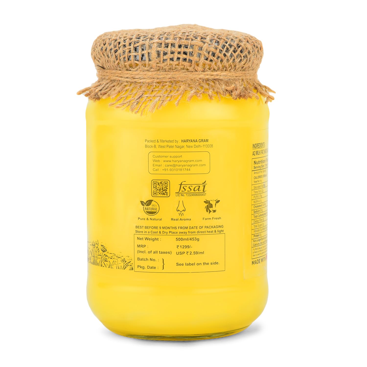 Organic A2 Desi Cow Bilona Ghee With Neem Wood Spoon By Haryana Gram | Rich In Vitamin A, D & Minerals Healthy Desi Ghee | (500ml) 16.9 Ounce | Jar Pack Organic A2 Desi Cow Bilona Ghee With Neem Wood Spoon By Haryana Gram | Rich In Vitamin A, D & Minerals Healthy Desi Ghee | (500ml) 16.9 Ounce | Jar Pack