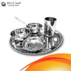 Stainless Steel Shagun Solid Dinner Set Of 6 Pcs, Silver | 1 Dinner Plate+ 1 Dinner Spoon+ 1 Glass+ 1 Bidding Bowl+ 1 Pudding Bowl+ 1 Halwa Plate