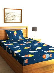 Single Bedsheet With One Matching Pillow Cover - 55 X 90 Inches, Navy Blue | Microfiber Kids Fishes Bedsheet | Normal Hand Wash Or Machine Wash