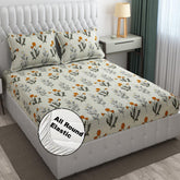 1 Elastic Fitted Bedsheet For King Size & 2 Pillow Covers - 78 X 72 Inches, Cream & Mustard | Elegant Floral Print Design & Skin-Friendly