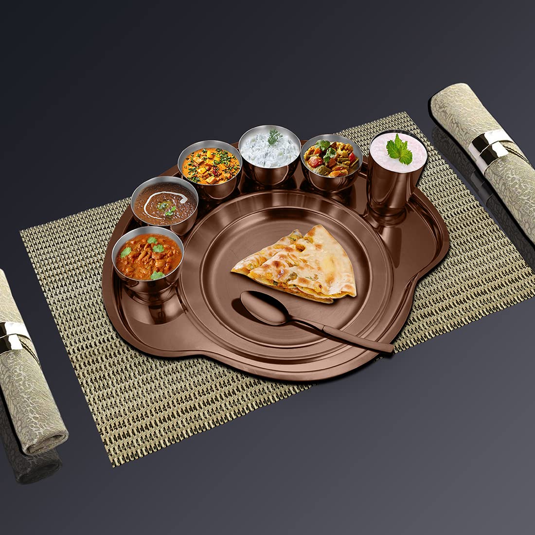 Stainless Steel Rose Gold Nifty Thali Set Of 9 Pieces, Copper | 5 Katoris+ 1 Glass+ 1 Quarter Plate+ 1 Full Plate+ 1 Dessert Spoon Stainless Steel Rose Gold Nifty Thali Set Of 9 Pieces, Copper | 5 Katoris+ 1 Glass+ 1 Quarter Plate+ 1 Full Plate+ 1 Dessert Spoon