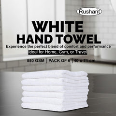 Rushant 100% Combed Cotton Hand Towels 900 Gsm | Ultra Soft, Quick Dry & Super Absorbent For Home, Gym & Travel (White) - Set Of 6