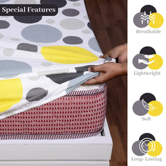 Double Bedsheet For Queen Size With 2 Pillow Covers - 59 X 78 Inches, Yellow & Grey | All Around Elastic Fitted Soft, Lightweight & Breathable Cotton Bedsheet
