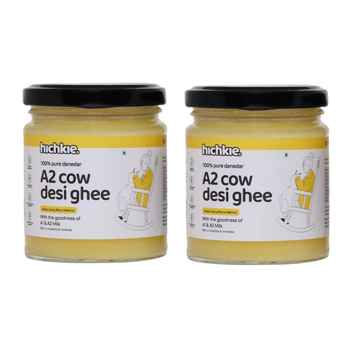 Pure Natural A2 Cow Desi Ghee By Hichkie | Rich In Vitamin A & Healthy Nutrients Desi Ghee Perfect For Cooking | 360ml (180 Litr * 2) 12.1 Ounce | Jar Pack