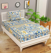 Single Bed Sheet With 1 Pillow Covers For Single - 60 X 90 Inches, White & Blue | Super Soft Premium Brushed Glace Cotton Bedsheet