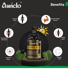 Awiclo Plant Based Organic Vitamin D3 Vitamin D3 + K2 Capsules, Vitamin K2-7 To Support Bone & Heart Health | For Men & Women | 120 Capsules , 200gm 0.4lbs