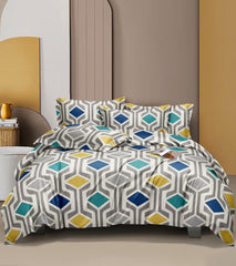 Bedsheet For Queen Size With 2 Pillow Covers - 60 X 78 Inches, Grey & Blue | Soft & Skin-Friendly Fabric | All Around Elastic Fitted Bedsheet