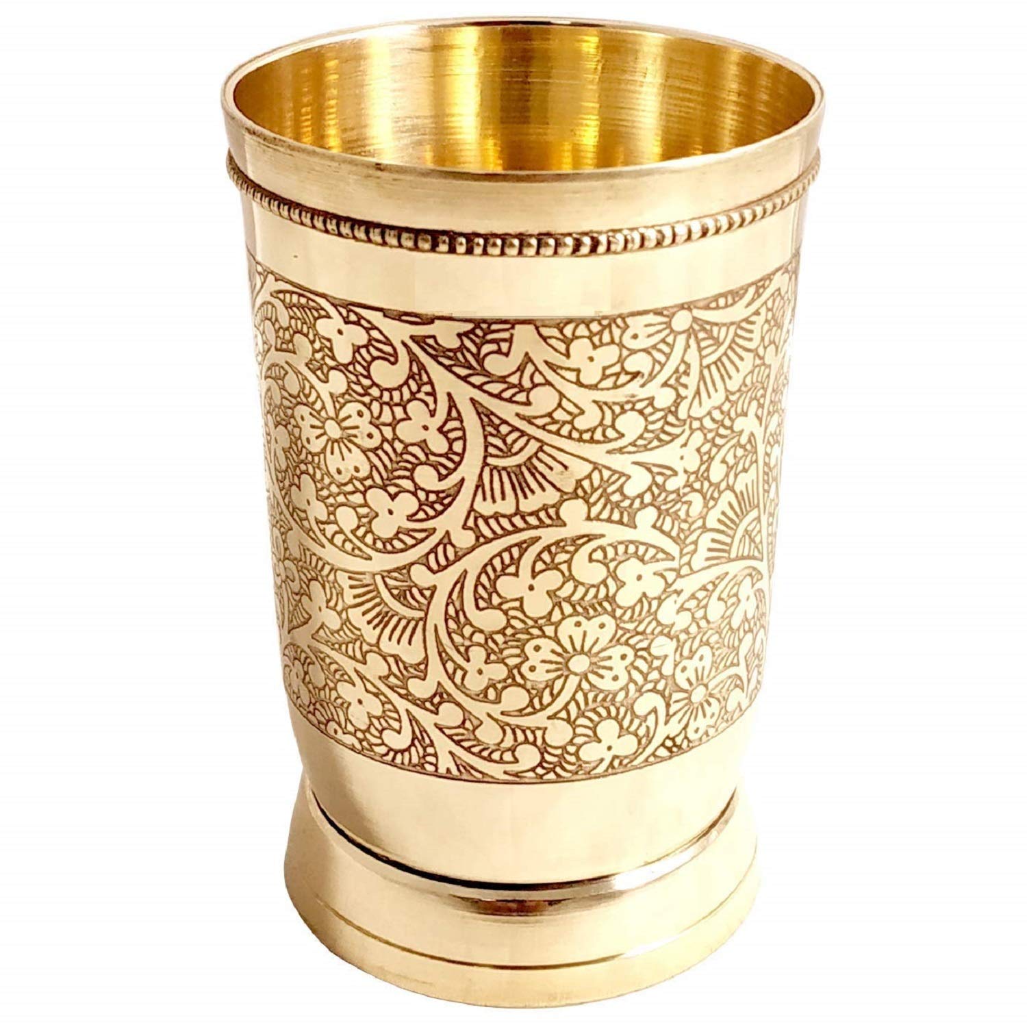 Golden Pure Brass Glass Tumbler Set Of 2 - Capacity 250ml Of Each Glass | Mughlai Style Embossed Design Glass Tumblers Golden Pure Brass Glass Tumbler Set Of 2 - Capacity 250ml Of Each Glass | Mughlai Style Embossed Design Glass Tumblers