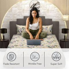 Bedsheet For Queen Size Bed With 2 Pillow Covers - 90 X 100 Inches, Beige & Pink | Soft, Breathable, Wrinkle Free & Fade Resistant