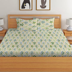 Elastic Fitted Printed Queen Size Double Bed Bedsheet With 2 Pillow Covers | 60 X 78 X 10 Inches, Yellow & Green | Super Soft Premium Brushed Glace Cotton Material
