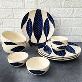 Patram Hand Painted Ceramic Dinner Set - 10 Pieces, White & Blue | 4 Dinner Plates + 4 Katori Bowls, 180ml Each+ 2 Serving Bowls, 800ml Each Dinnerware Set | Serving For 4, Microwave Safe