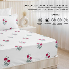 Printed Queen Size Elastic Fitted Bedsheet With 2 Pillow Covers - 78 X 72 Inches, White & Red | Perfect For Home Decor & Gifting