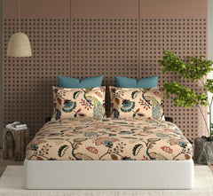 Printed Bedsheet King Size With 2 Large Pillow Cove | Size 72x78x10 Inches, Beige - 300 Thread Count Cotton Feel All Around Elastic Fitted Bedsheet | Breathable & Wrinkle Free