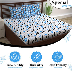 Cotton Extra Double Bedsheet For King Size With 2 Pillow Covers | 87 X 106 Inches, Blue & White - Ideal For Home, Guest House, Hotel | Soft & Breathable Fabric