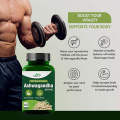 Jain Ashwagandha 850mg Tablets - Extra Energy, Stress Relief, 100% Natural, Improves Sleep, Reduces Sugar Restorative Benefits | 60 Tablets 100gm 0.2lbs