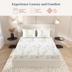 Super King Pure Cotton Bedsheet With 2 Pillow Covers | 108 × 108 Inches, Cream & Brown | Soft Breathable Floral Design Bedding | Comfortable Sleep All Year