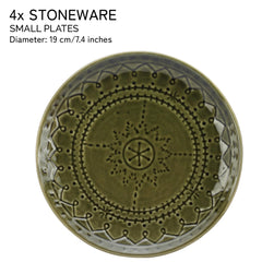 Ceramic Hand Glazed Stoneware Embossed Small Plates Set Of 4 - 7.4 Inch, Moss Green | Microwave Safe & Dishwasher Safe – Handcrafted Quarter Plates Set