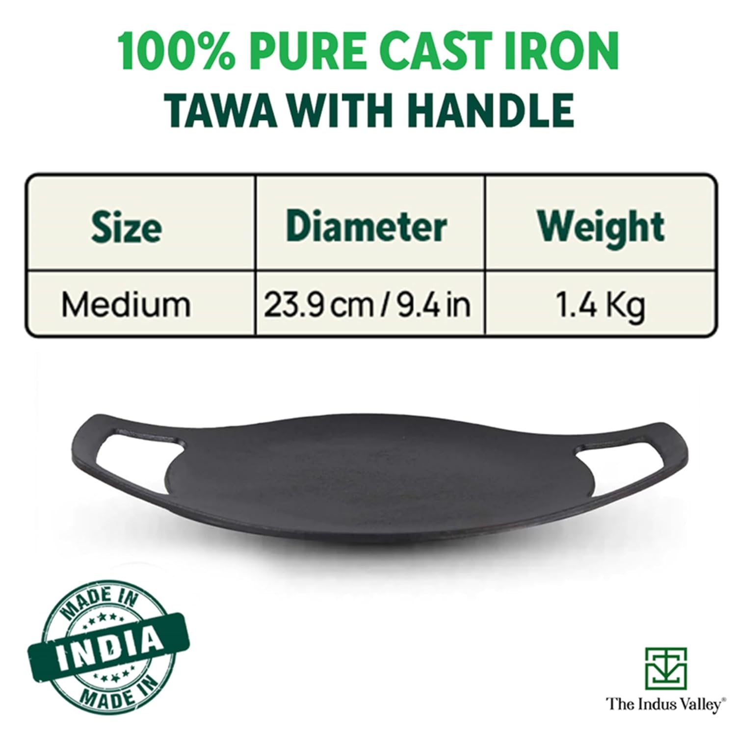 Pre-Seasoned Black Cast Iron Concave Tawa With Double Handle - 24cm, 9.4 Inch, 1.4 Kg | Gas Compatible, Naturally Nonstick, 100% Pure & Toxin-Free, No Chemical Coating Pre-Seasoned Black Cast Iron Concave Tawa With Double Handle - 24cm, 9.4 Inch, 1.4 Kg | Gas Compatible, Naturally Nonstick, 100% Pure & Toxin-Free, No Chemical Coating