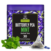 Blue Tea Butterfly Pea Flower Mint Herbal Tea - 30 Pyramid Tea Bags | Supports Overall Health & Well Being - Caffeine Free, Non-GMO, Antioxidant-Rich