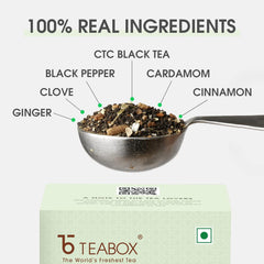 Teabox Fresh & Strong Assam Masala Chai Tea - 250gm, 8.8 Ounce | Strong Assam CTC Enriched With Cardamom, Cinnamon, Clove, Ginger, Black Pepper - Caffeine Free