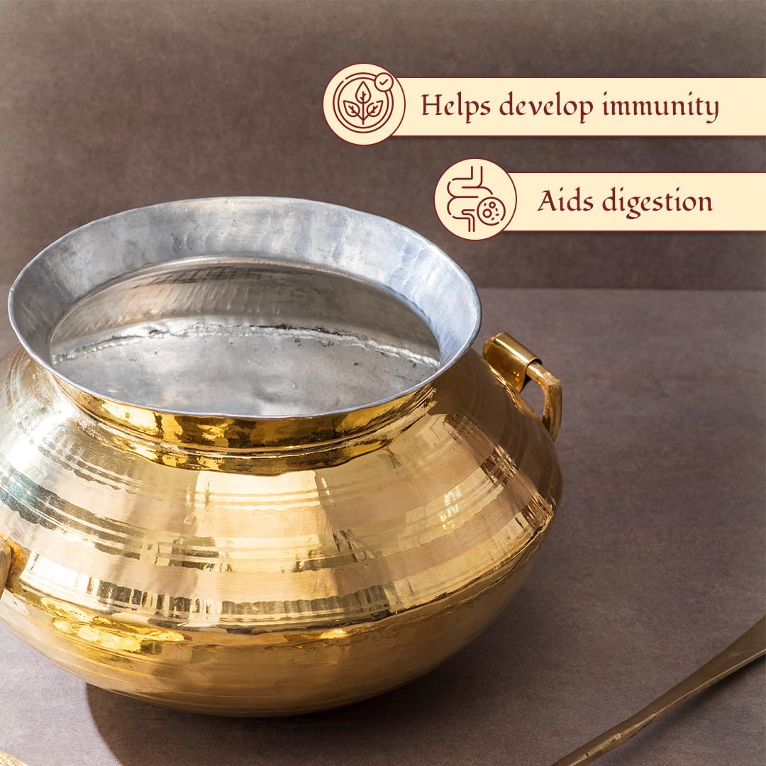 Brass Patili With Karchi, 3 Liters | Karchi - Golchi For Dinnerware & Cooking | Degchi In Brass - Handi For Cooking | Hammered And Polished Brass Patili With Karchi, 3 Liters | Karchi - Golchi For Dinnerware & Cooking | Degchi In Brass - Handi For Cooking | Hammered And Polished