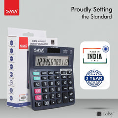 Saya SY-C120 12 Digits Display, Check And Correct Classic Desktop Calculator | Ergonomic Design - Ideal For Office Supplies | School Supplies | 3 Year Warranty