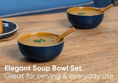Ceramic Soup Bowl Set With Spoons - 300ml Each, Midnight Blue | 6 Pieces Soup Bowls + 6 Spoons | Glossy Finish - Premium Stoneware Ceramic Soup Bowls With Spoons | Soup Bowl Set Of 6
