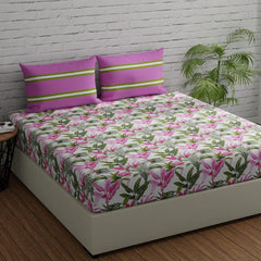 Cotton Bedsheet With 2 Pillow Covers - 88 X 96 Inches, Pink & Green | Ideal For Villas, Guest Houses, & Daily Home Use Double Bedsheet