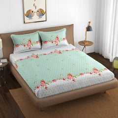 Printed Double Bedsheet For Queen Size With 2 Large Size Pillow Covers - 90 X 100 Inches, White & Green | Light Weight, Suitable For All Seasons & Easy To Wash