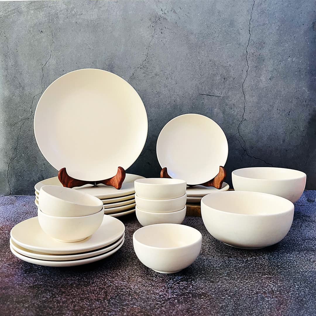 Subhra Handcrafted White Ceramic Dinner Set Of 20 Pieces With Serving Bowls | 6 Dinner Plates + 6 Side Plates+ 6 Katori Bowls, 180ml Each + 2 Serving Bowls, 800ml Each | Serving For 6