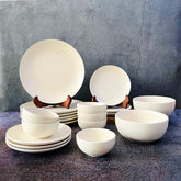 Subhra Handcrafted White Ceramic Dinner Set Of 20 Pieces With Serving Bowls | 6 Dinner Plates + 6 Side Plates+ 6 Katori Bowls, 180ml Each + 2 Serving Bowls, 800ml Each | Serving For 6
