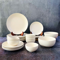 Subhra Handcrafted White Ceramic Dinner Set Of 20 Pieces With Serving Bowls | 6 Dinner Plates + 6 Side Plates+ 6 Katori Bowls, 180ml Each + 2 Serving Bowls, 800ml Each | Serving For 6
