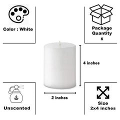 WHITE PILLAR CANDLES 4 INCH | PERFECT FOR CELEBRATION &DAILY USE CANDLE SET OF 6