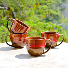Studio Pottery Ceramic Soup Cups With Handle Set Of 4 - 350ml Each, Ombre Red | Maggi Bowls - Cereal Bowls