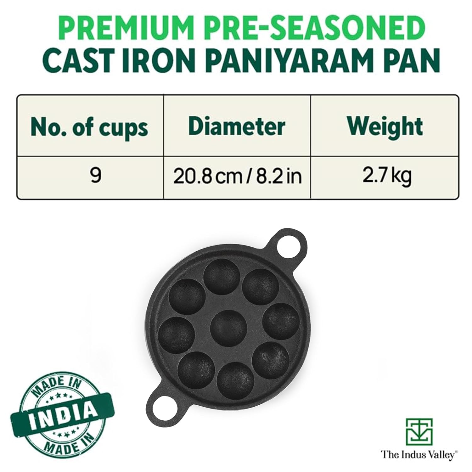 Super Smooth Black Cast Iron Paniyaram Pan - Small, 9 Pit, 8.2 Inch, 20.8 Cm, 2.7 Kg | Induction Friendly - Nonstick, Pre-Seasoned, 100% Pure & Toxin-Free, No Chemical Coating Super Smooth Black Cast Iron Paniyaram Pan - Small, 9 Pit, 8.2 Inch, 20.8 Cm, 2.7 Kg | Induction Friendly - Nonstick, Pre-Seasoned, 100% Pure & Toxin-Free, No Chemical Coating