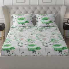 Cotton Elastic Fitted Double Bedsheet For King Size With 2 Pillow Covers - 78 X 72 + 8 Inches, White & Green | Soft Wrinkle Free & Breathable Elastic Bedsheets For King Size Bed