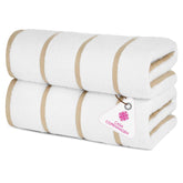 Casa Copenhagen Pack Of 2 Cabana Pool Xl Bath Towels 620 Gsm Cotton Rough & Tough Use Colour (White Beige Stripe)