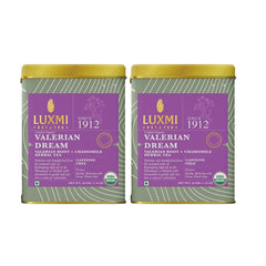 Luxmi Estates Valerian Dream Herbal Tea Pack Of 2 - 50gm Tin, 1.7 Ounce, 25 Cups Each | USDA Certified Organic Valerian Root + Chamomile Herbal Tea - Gluten Free, Caffeine Free Tea Bags