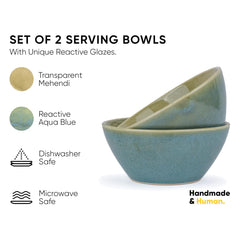 Ceramic Serving Medium Bowls Set Of 2 Pieces - 850ml Each, Green Blue Reactive | Premium Ceramic Bowls - Medium Size | Microwave Safe Bowls - Bowl Sets With Glossy Finish | Ceramic Bowls