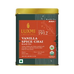 Luxmi Estates Vanilla Spice Chai Black Tea - 100gm Tin, 3.5 Ounce, 50 Cups | USDA Certified Organic Black Tea - Gluten Free, High Caffeine Tea Bags | Darjeeling & Assam Tea From India