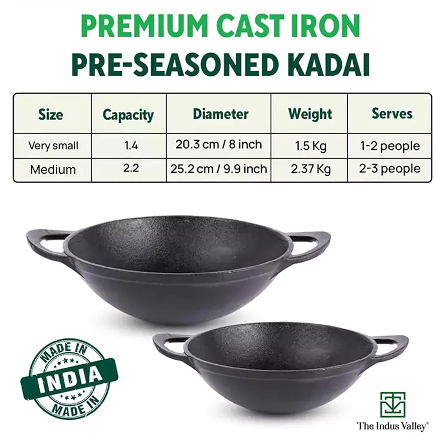 Pre-Seasoned Black Cast Iron Cookware Set - Kadai 20.3cm, 1.4 Liters + Kadai 25.2cm, 2.2 Liters | Kitchen Cooking Combo Pots & Pans Set Of 2 Pcs - Naturally Nonstick Pre-Seasoned Black Cast Iron Cookware Set - Kadai 20.3cm, 1.4 Liters + Kadai 25.2cm, 2.2 Liters | Kitchen Cooking Combo Pots & Pans Set Of 2 Pcs - Naturally Nonstick